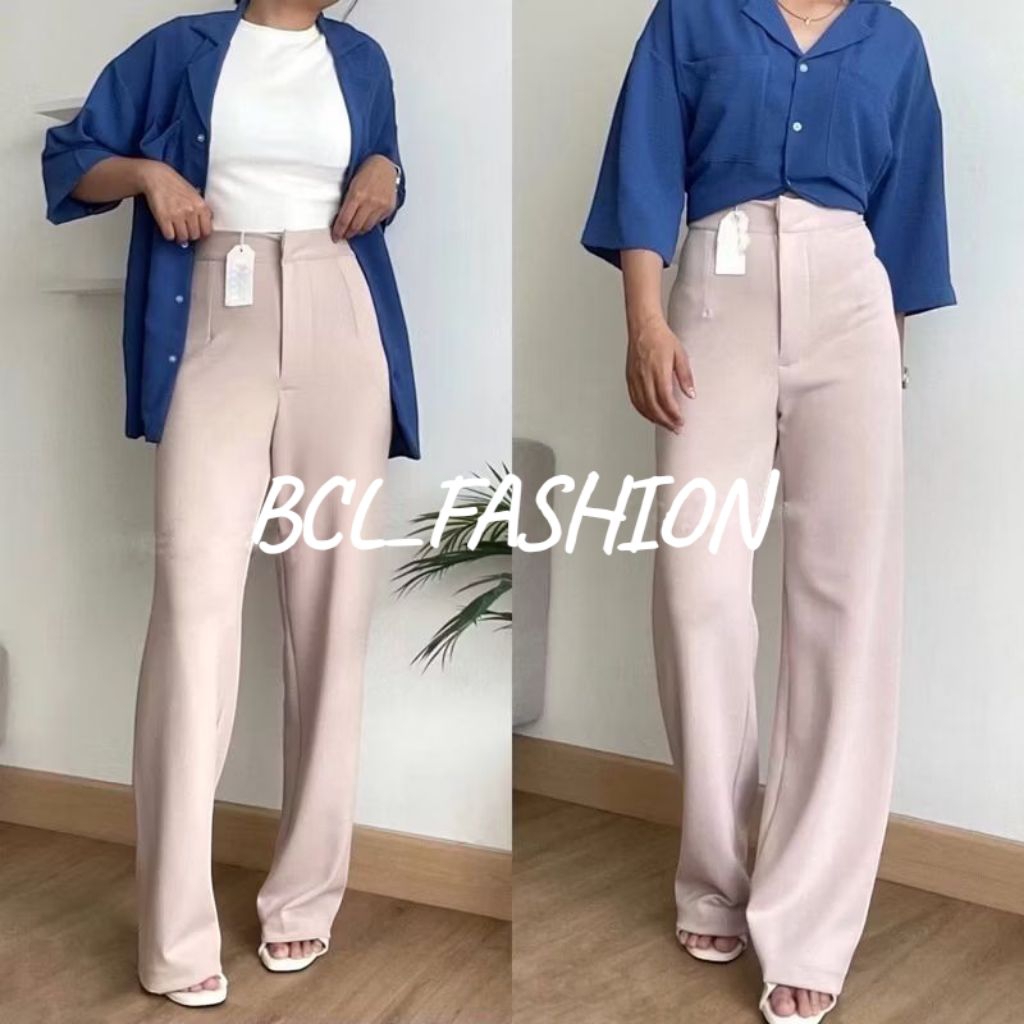 "Celana Panjang Kulot Wanita High Waist Wide Leg Formal Casual Warna ivory"