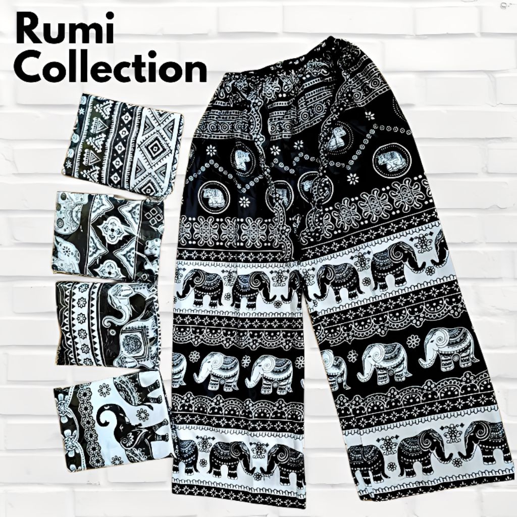 Celana Mihu Mihu Jumbo Rayon Motif Gajah Hitam Putih / Celana Kulot Bali Motif Gajah