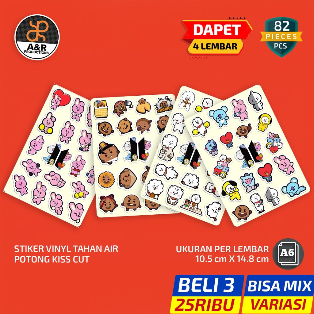 Stiker Pack BT21 Line Friends BTS, Aesthetic Lucu, Potong Pola Kiss Cut – Vinyl Tahan Air, BT21V02