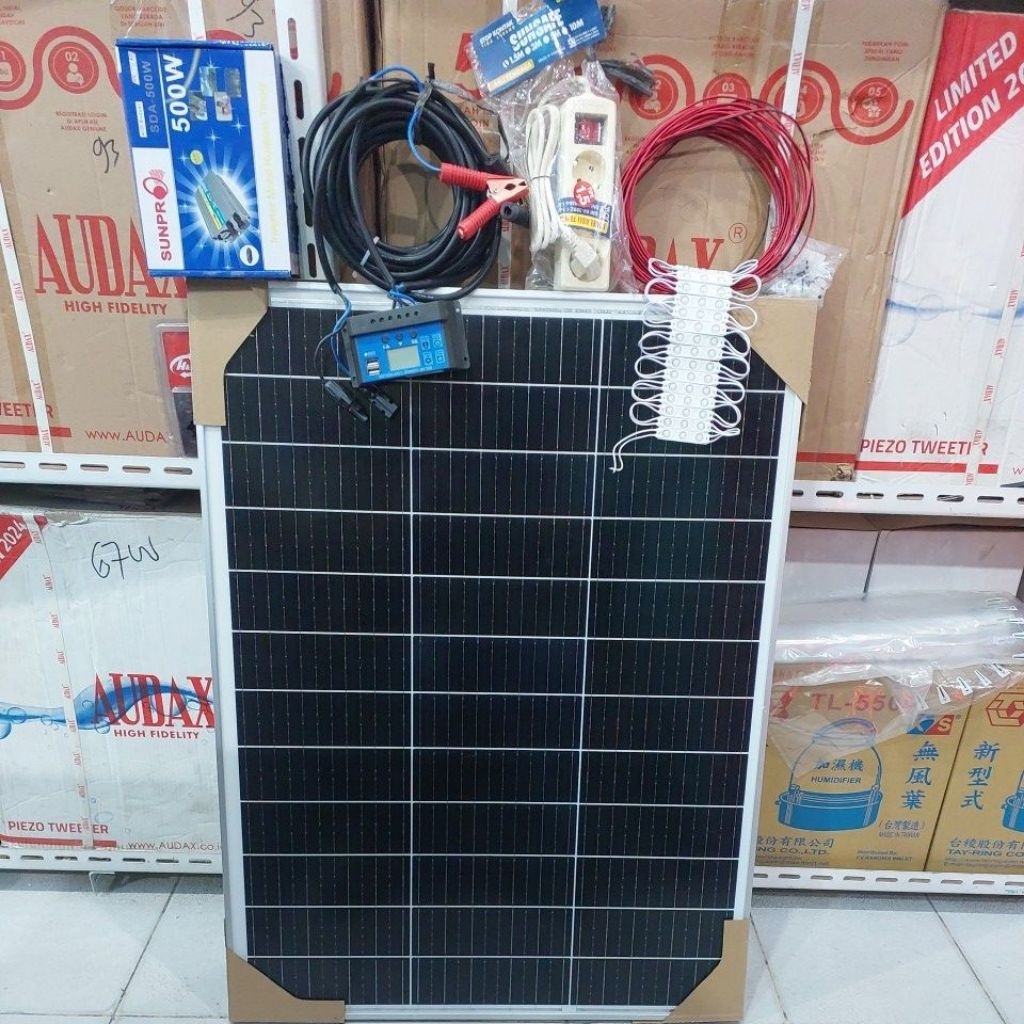 paket komplit panel surya 100wp.panel surya 100wp.imperter 500wat.kabel panel 10m .scc.mc4.jepit aki