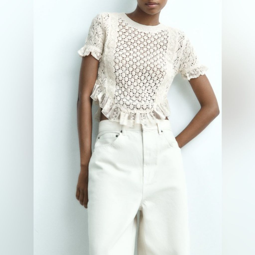 Zara Pointelle Ruffled Top, Zara White Knit Embroidery Pointelle Ruffled Blouse, Zara Blouse Prelove