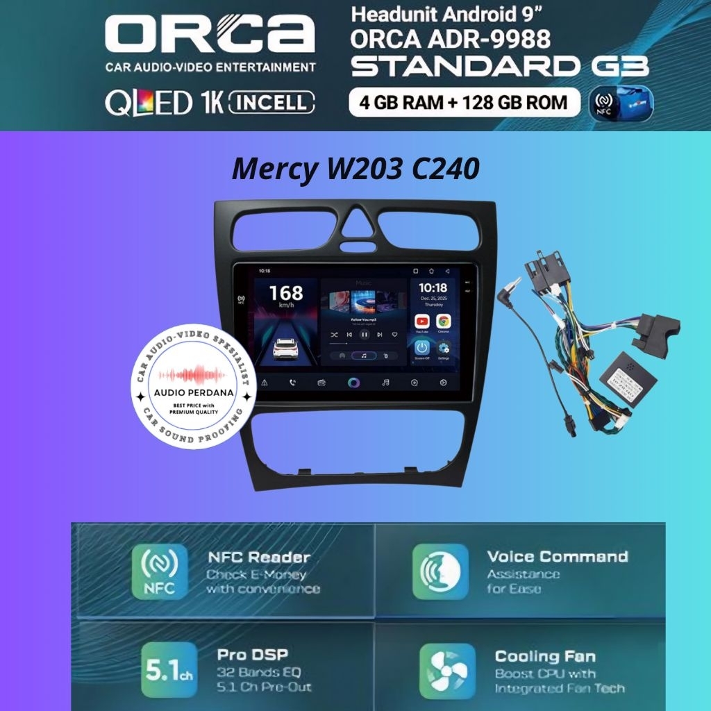 Headunit Android Mercy C240 W203  Orca Standard G3 NFC Ram 4GB/128GB Wireless Auto Carplay