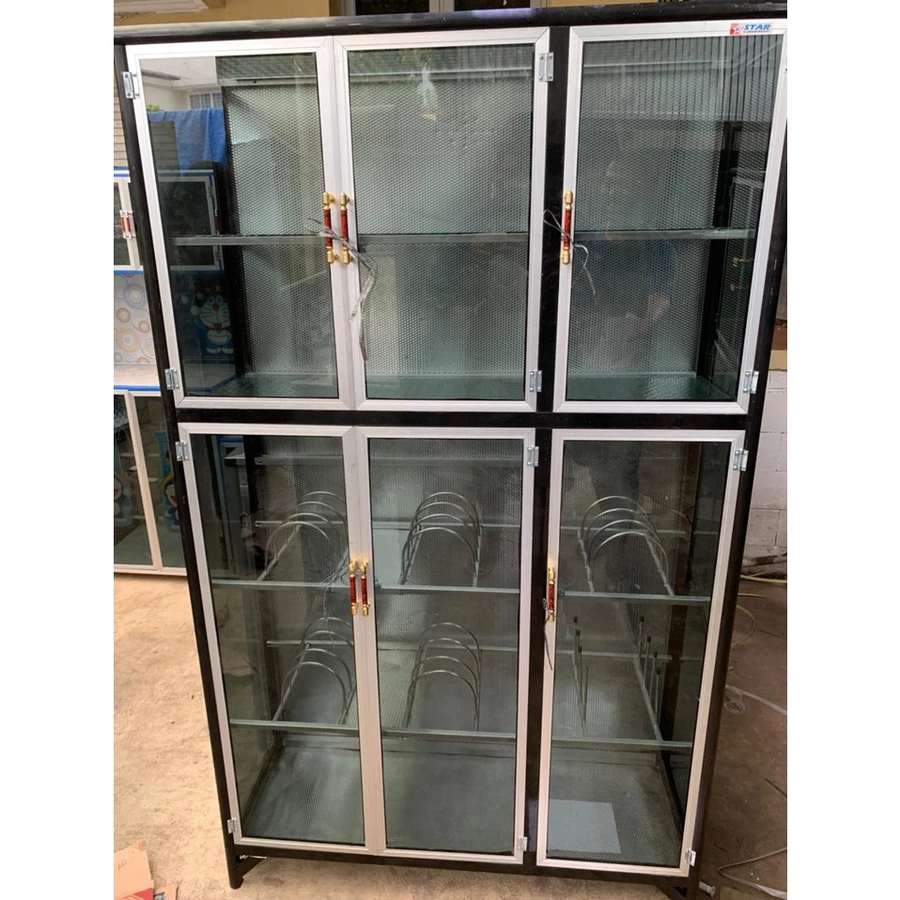 Rak piring / Lemari Piring Kaca Keramik 3 Pintu Tulip FULL box Kaca RIBEN KHUSUS BOGOR KURIR TOKO