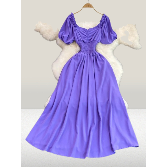 Midi Dress Wanita Retro Sabrina Off Shoulder Kerut Dada Smok Pinggang Ellegant Megar Mayung Lengan P