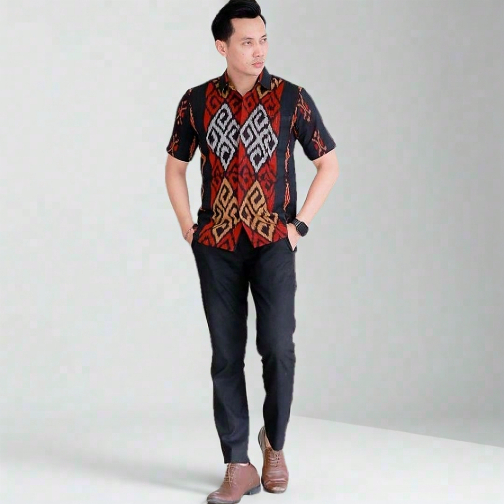 KEMEJA TENUN PRIA LENGAN PENDEK HITAM MERAH BAJU BATIK ETNIK MODERN FASHION KASUAL PESTA KONDANGAN T