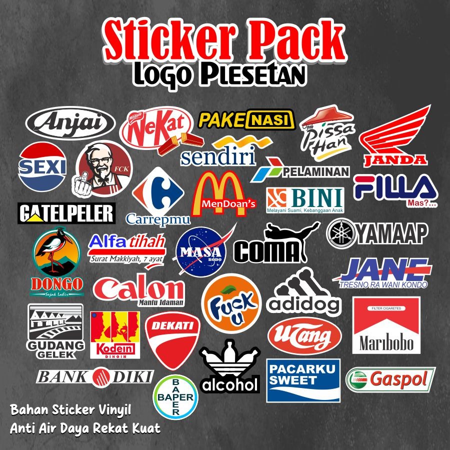 

Sticker Pack Logo Plesetan Bahan Vinyil Tahan Air Sudah Terpotong Pola Gambar