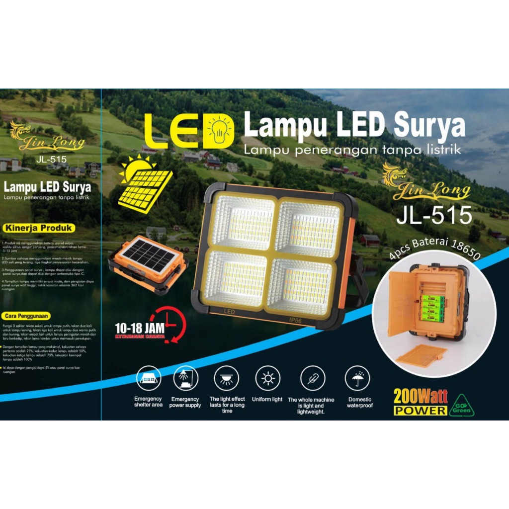 Lampu Led Tenaga Surya 200 Watt Jin Long JL-515 4 Mode Cahaya / Lampu Emergency Tenaga Surya