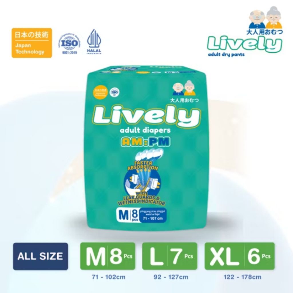 LIVELY, Popok Dewasa Perekat AM:PM (Siang dan Malam), Anti Ruam, Daya Serap Tinggi.