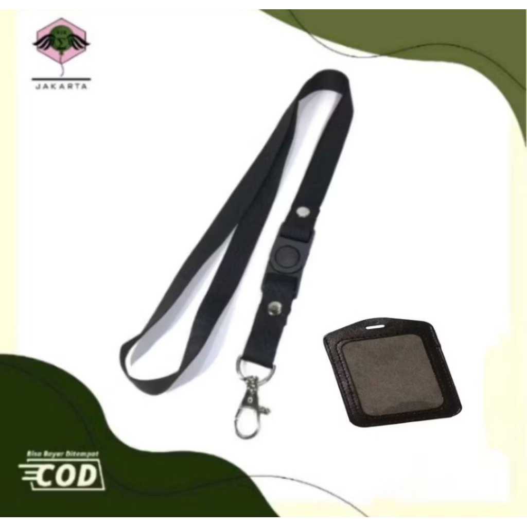 Tali Lanyard HITAM POLOS lebar 1,5 cm dan gratis ID CARD HOLDER BAHAN KULIT (TEMPAT ID CARD).