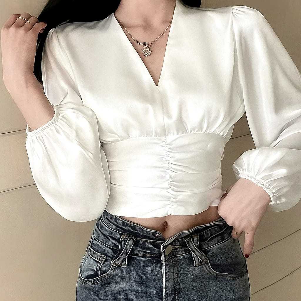 V-Neck Long Sleeve Pleated Satin Blouse Top 1388 (S-XL) / Atasan Wanita