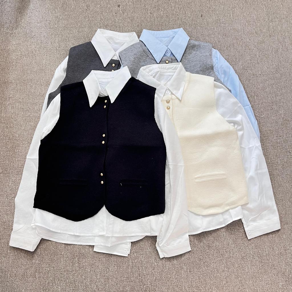 Kemeja Basic Vest | Kemeja wanita bahan katun dilengkapi vest rajut premium import