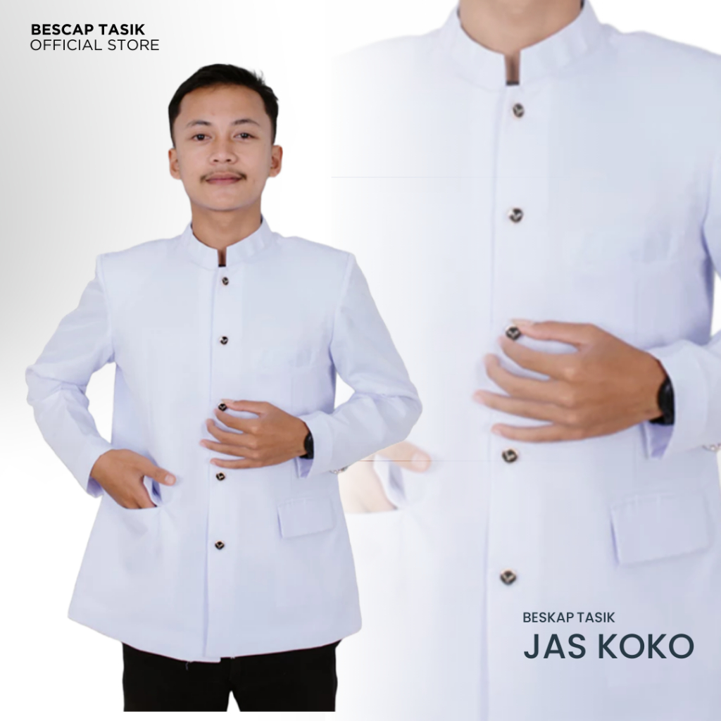 Beskap Jas Koko Putih Polos Motif Saku Tutup Dewasa Premium Lengan Panjang S-XXL