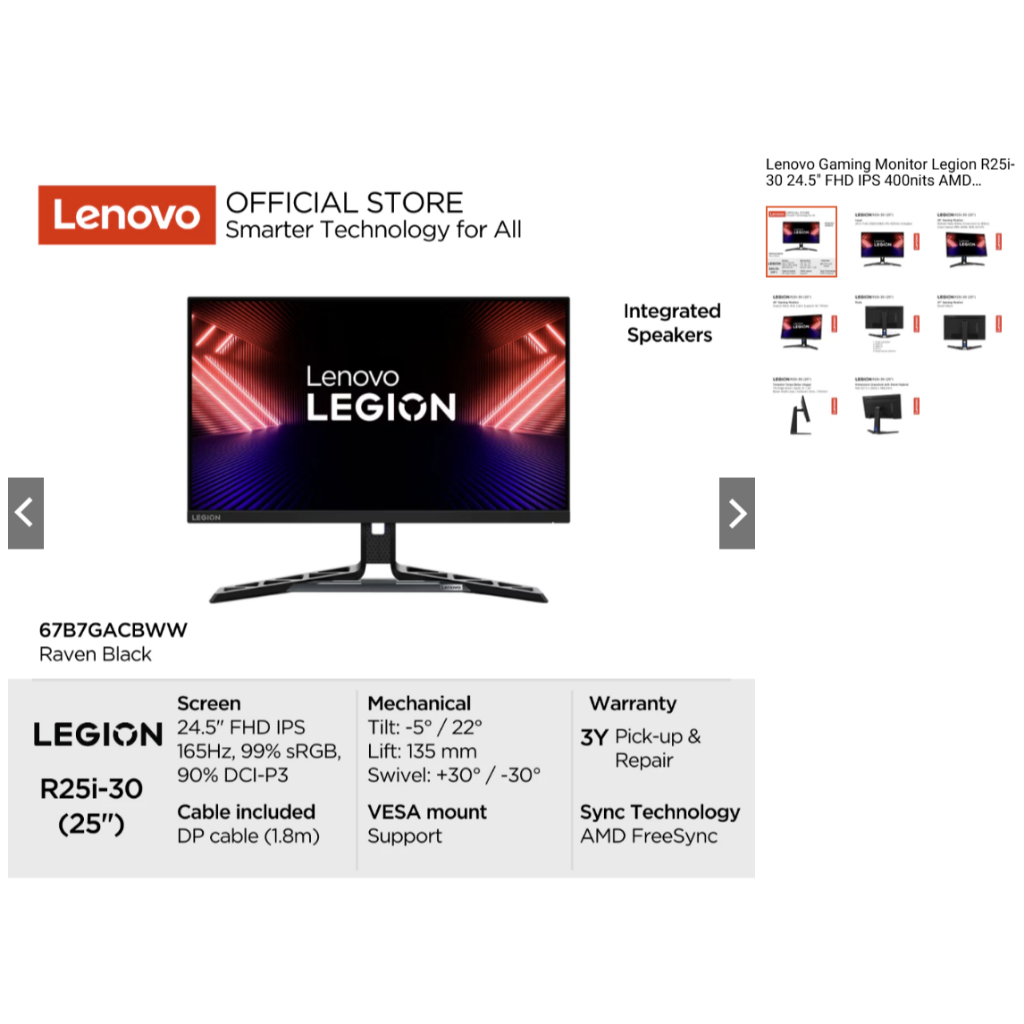 Monitor Lenovo Legion R25i-30 24.5" 165Hz speaker