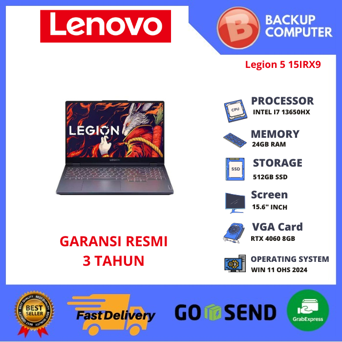 LAPTOP LENOVO Legion 5 15IRX9 16ID INTEL I7 13650HX 24GB RAM ( 2 X 12GB )
