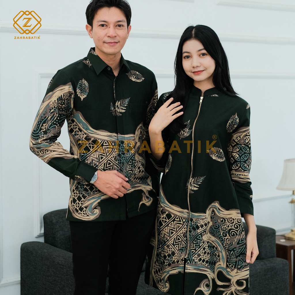 Batik Zahra-Batik Pria Lengan Panjang-Tunik Wanita-Batik Pasangan-Motif Kalpataru Warna Hijau Army