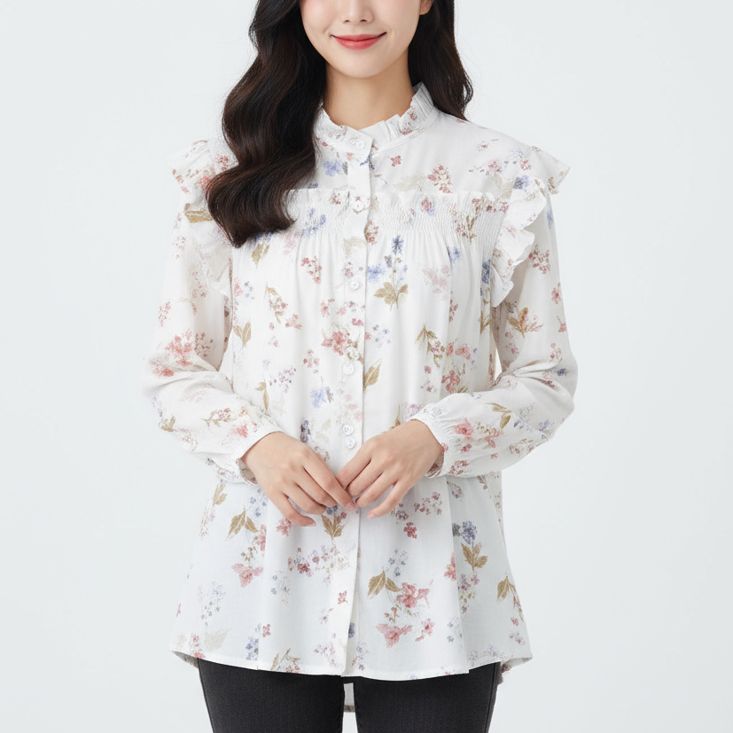 Blouse Kemeja Wanita Motif Bunga / Atasan Wanita Full Kancing / Top Shirt Bunga LD 112