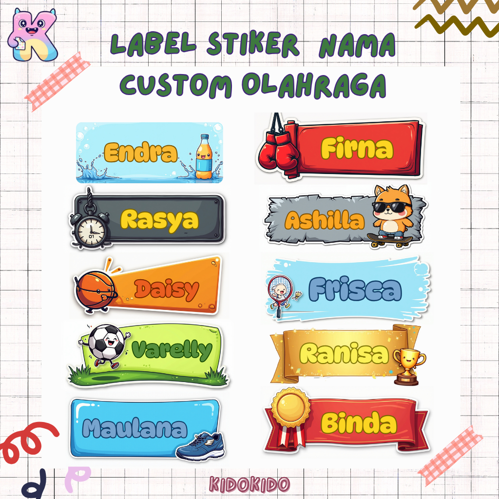

Isi 68 pcs | Sticker Premium Lucu Karakter Olahraga Label Nama Custom Vinyl Laminasi Waterproof