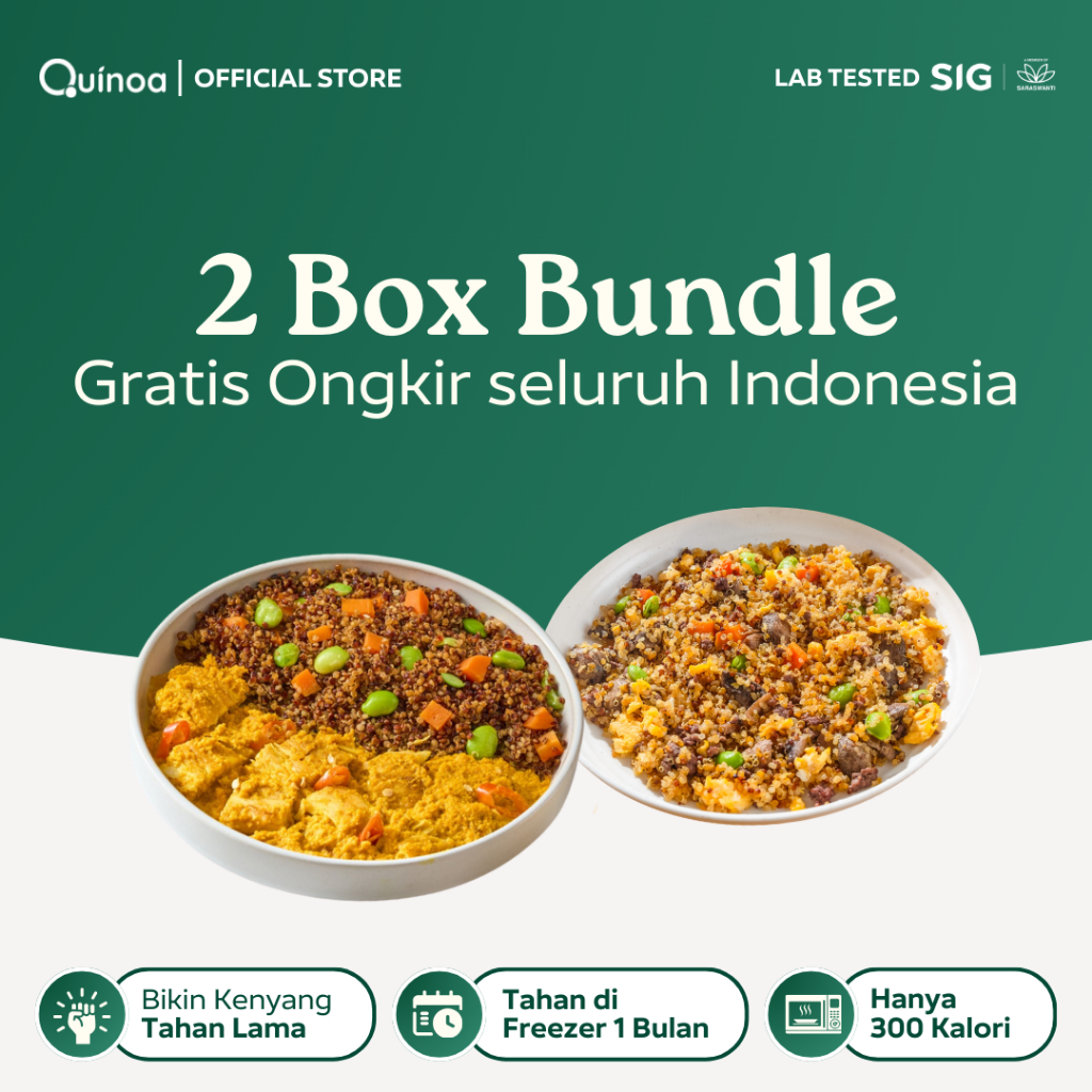 

QUINOA GO Paket Trial 2 rasa - Meal Prep Superfood Makanan Sehat Weight Loss High Protein Fiber Low Calorie Nasi Goreng Kampung Siap Saji Frozen Kirim Instan Ayam Sapi Ikan Woku Padang
