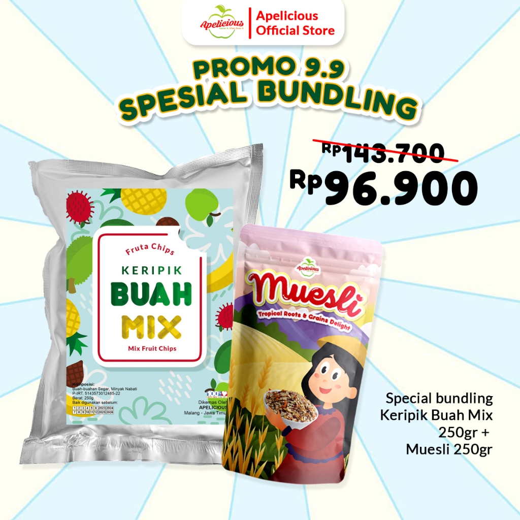 

APELICIOUS 9.9 BUNDLING MIX BUAH 250GR + MUESLI 250GR ,- makanan, cemilan