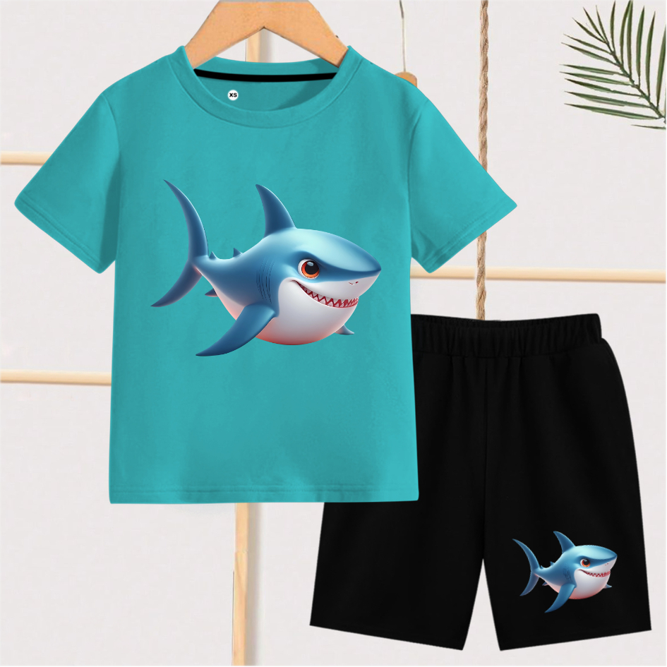 baju setelan anak motif ikan hiu baju anak lengan pendek ikan hiu bahan katun 1-13 tahun