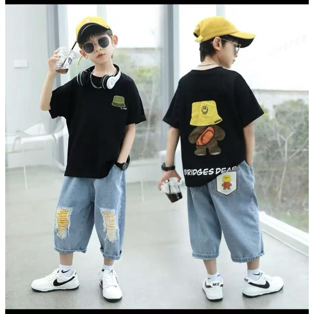 [COD] SETELAN JEANS ANAK COWOK TOPI SIZE 120-160 IMPORT PREMIUM - SET JEANS ANAK COWOK 3/4 KOREAN ST