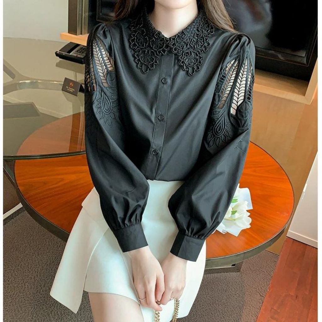 2011 Baju atasan kemeja bordir HELGIA EMBROIDERED lengan panjang putih hitam Korean style Wanita Pre