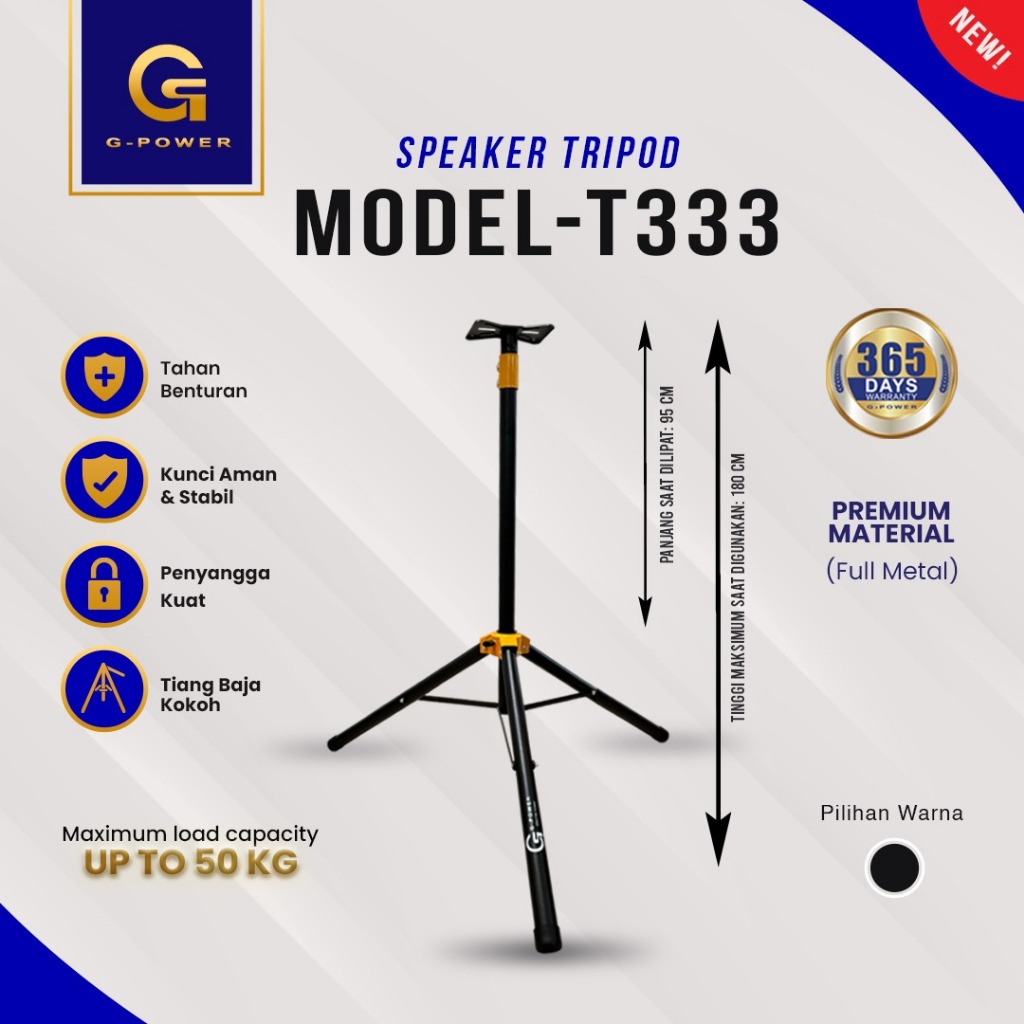 G-POWER Stand Speaker T333 - Stand Tripod Speaker Besi Kuat Adjustable Height Up To 50Kg