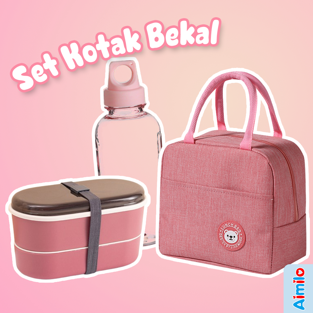 Aimilo - Lunch Box Set Anak Kotak Bekal Tas dan Botol Tempat Bekal Makan Siang 2 Susun