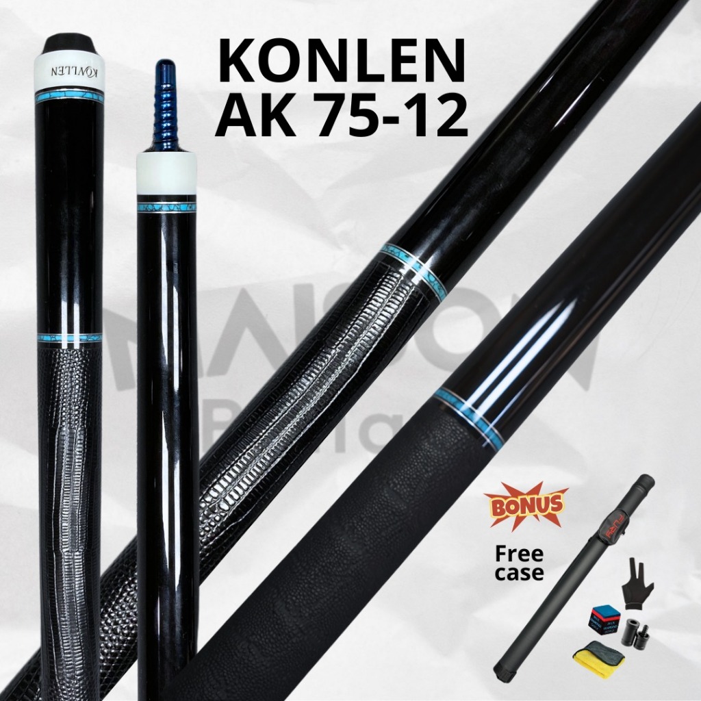 Konllen Stick Billiard AK75-12 Grip Putih Hitam Full Carbon dengan Turquoise Handmade Inlay Rings Bo
