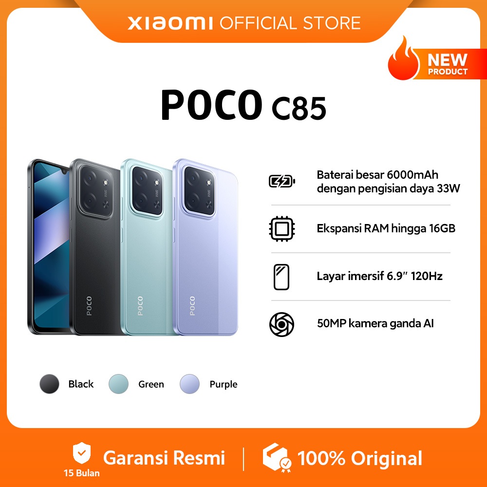 POCO C85 (6/128 GB) (8/256 GB) Baterai besar 6000mAh dengan pengisian daya 33W | Ekspansi RAM hingga
