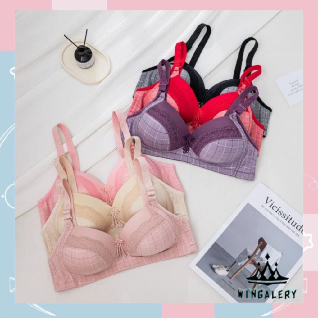 WINGALERY Bra Wanita Ukuran Jumbo Bh Big Size Motif Kotak Busa Tebal Import 9058