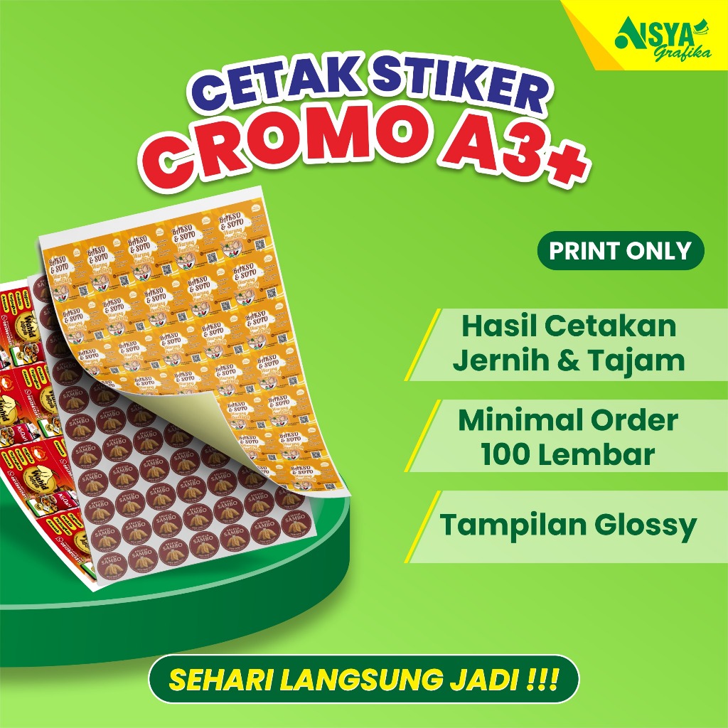 

Print A3+ STIKER CROMO | cetak A3+ stiker bontak stiker kemasan label makanan minuman | print only