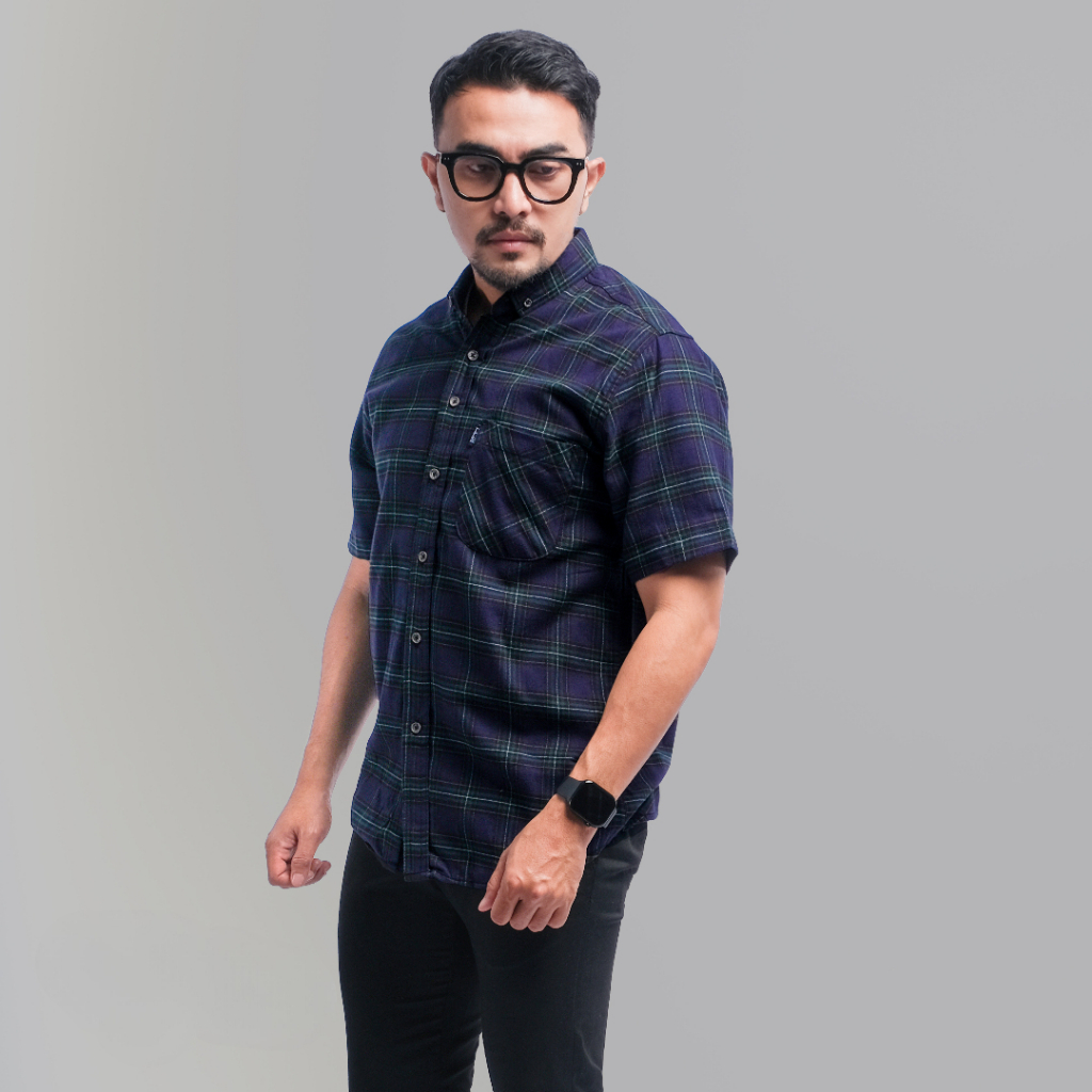 DGM Kemeja Flanel Pria Lengan Pendek Navy Garis Hijau Kemeja Pria Flanel Pria Kemeja Pendek 2921