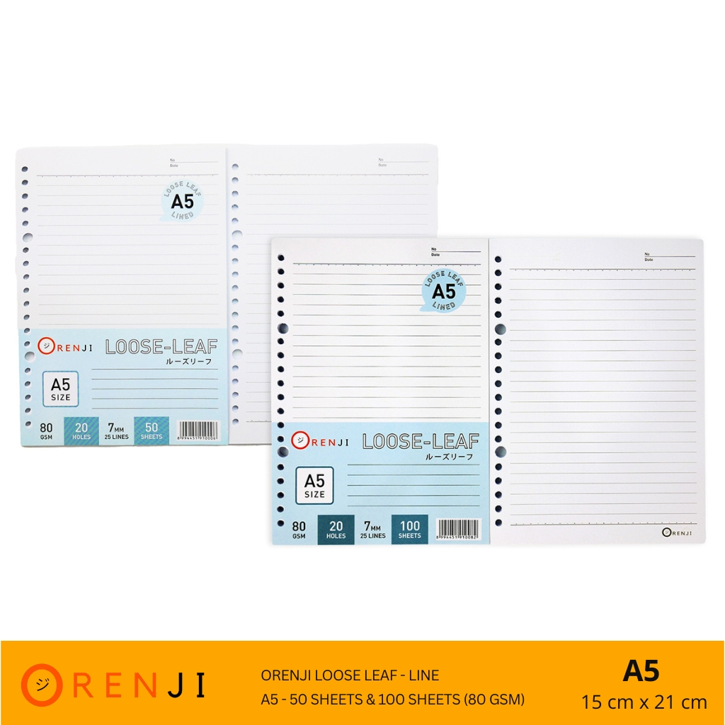 

Orenji Loose Leaf A5 Line - Kertas Binder Ukuran 15cm x 21cm - 20 Lubang - 80GSM - Refill Kertas Binder