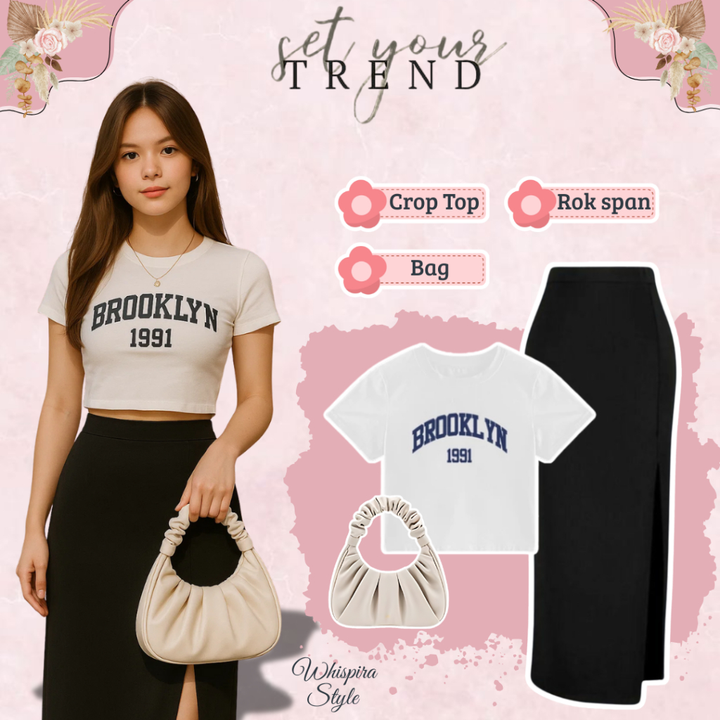 One Set Wanita Kekinian (Crop Top, Rok Span, Shoulder Bag) Outfit Modis Ngopi & Hangout - WS59