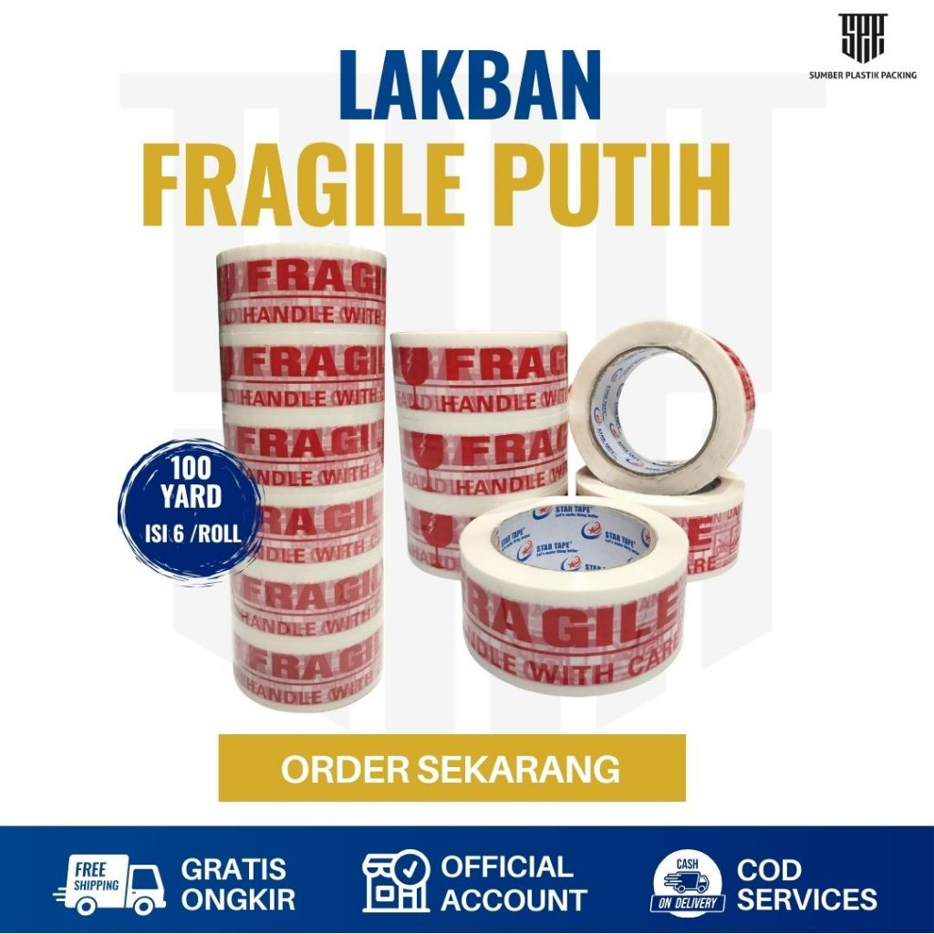

Lakban Perekat Selotip Fragile Putih Panjang 100 YARD ASLI Tidak Tipu-Tipu
