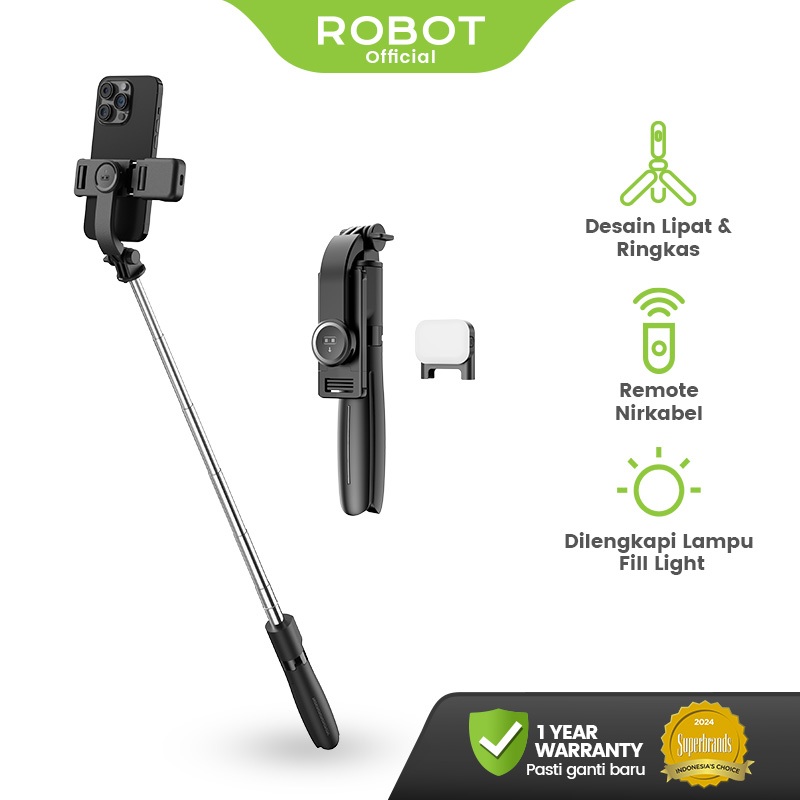 ROBOT Tripod Mini Tongkat Selfie Remot Bluetooth 3in1 Dengan Lampu Fill Light Rotasi 360 Penjepit Ku