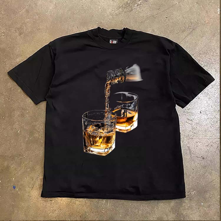 JJ.STORE Cetak pola menuangkan bir yang kreatif dan menyenangkan ala Korea Lengan pendek baju atasan