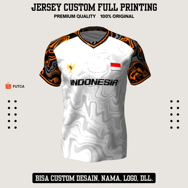 Kaos Jersey Futsal Putih Hitam Orange Motif Abstrak 388 - Jersey Baju Olahraga Full Printing