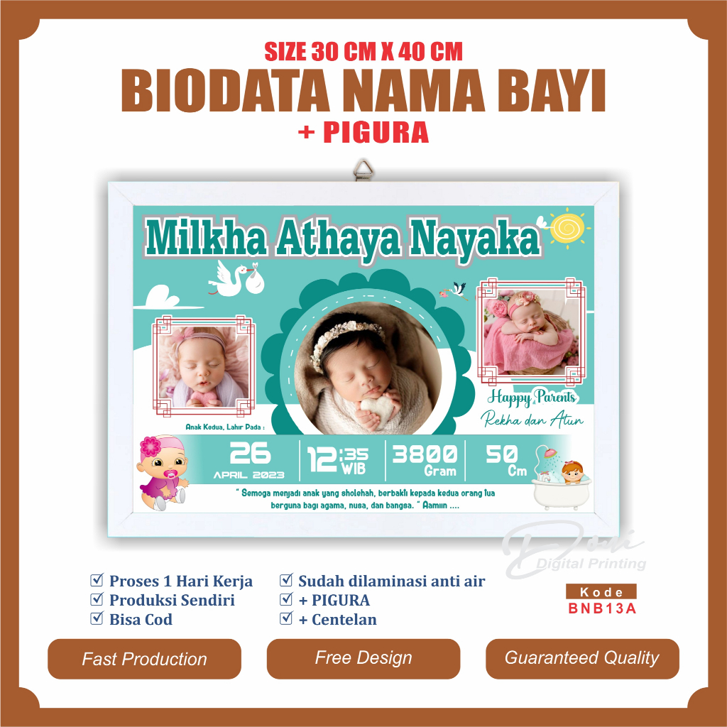 Biodata Kelahiran Bayi + Pigura Ukuran Jumbo 12 R 30 cm x 40 cm BNB13