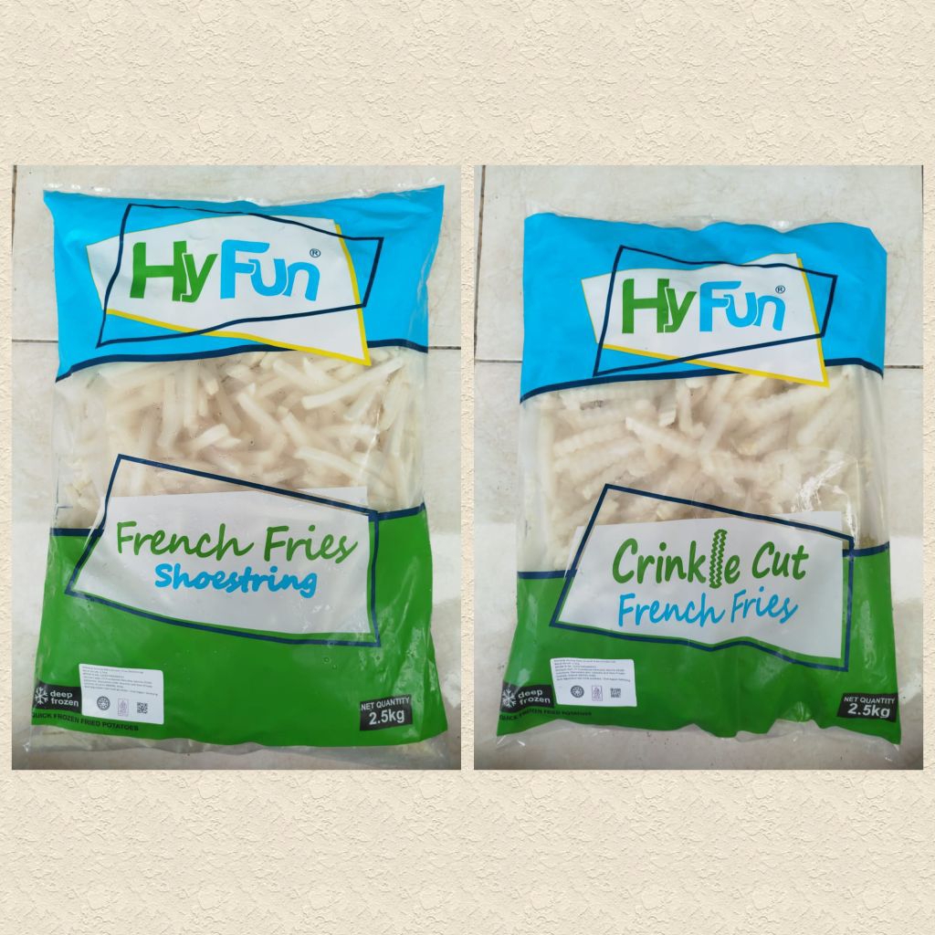 

Hy Fun Kentang Goreng Bentuk Shoestring Cut & Crincle Cut Kemasan 250gram