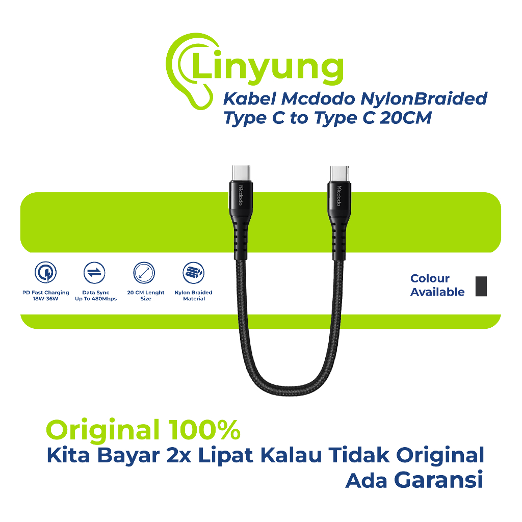 Mcdodo Kabel Charger 20cm – USB-C to USB-C Nylon Braided, Fast Charging Power Bank (Banda Aceh)