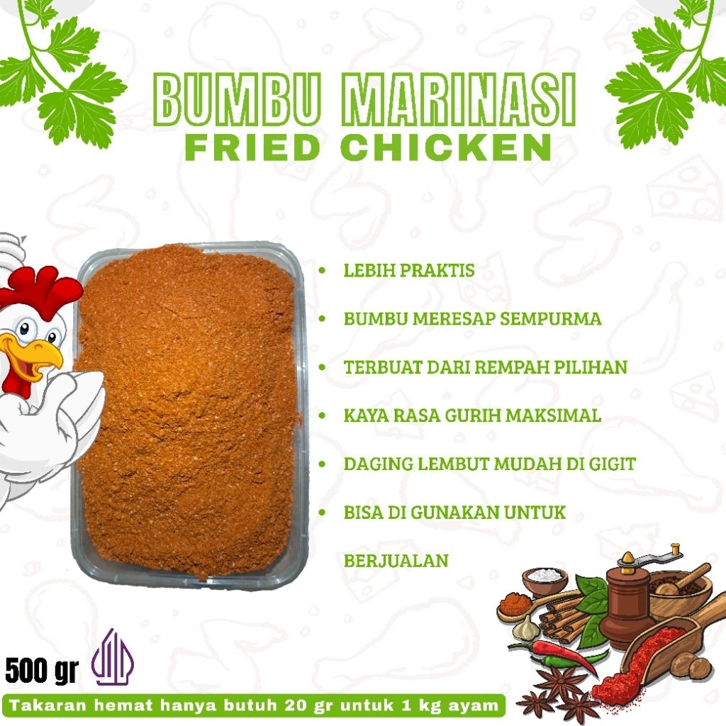 

Bumbu Marinasi ayam fried chicken premium, berkualitas kemasa ukuran 500 gr, bisa untuk ±25 kg ayam