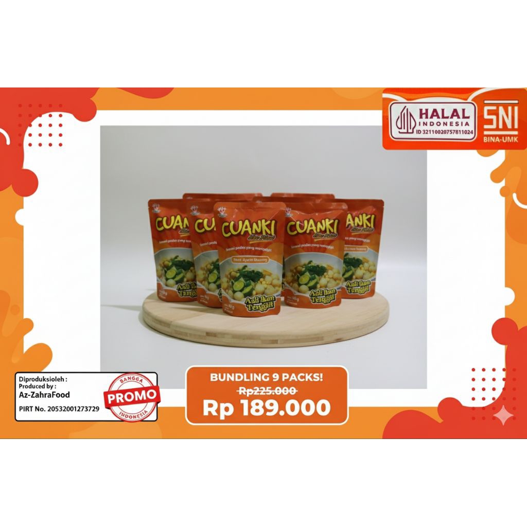 

BUNDLING 9 BUNGKUS CUANKI MIX PREMIUM DHE FAHMI | ASLI IKAN TENGGIRI | PEDAS | INSTAN | MURMER | MURAH | KHAS BANDUNG