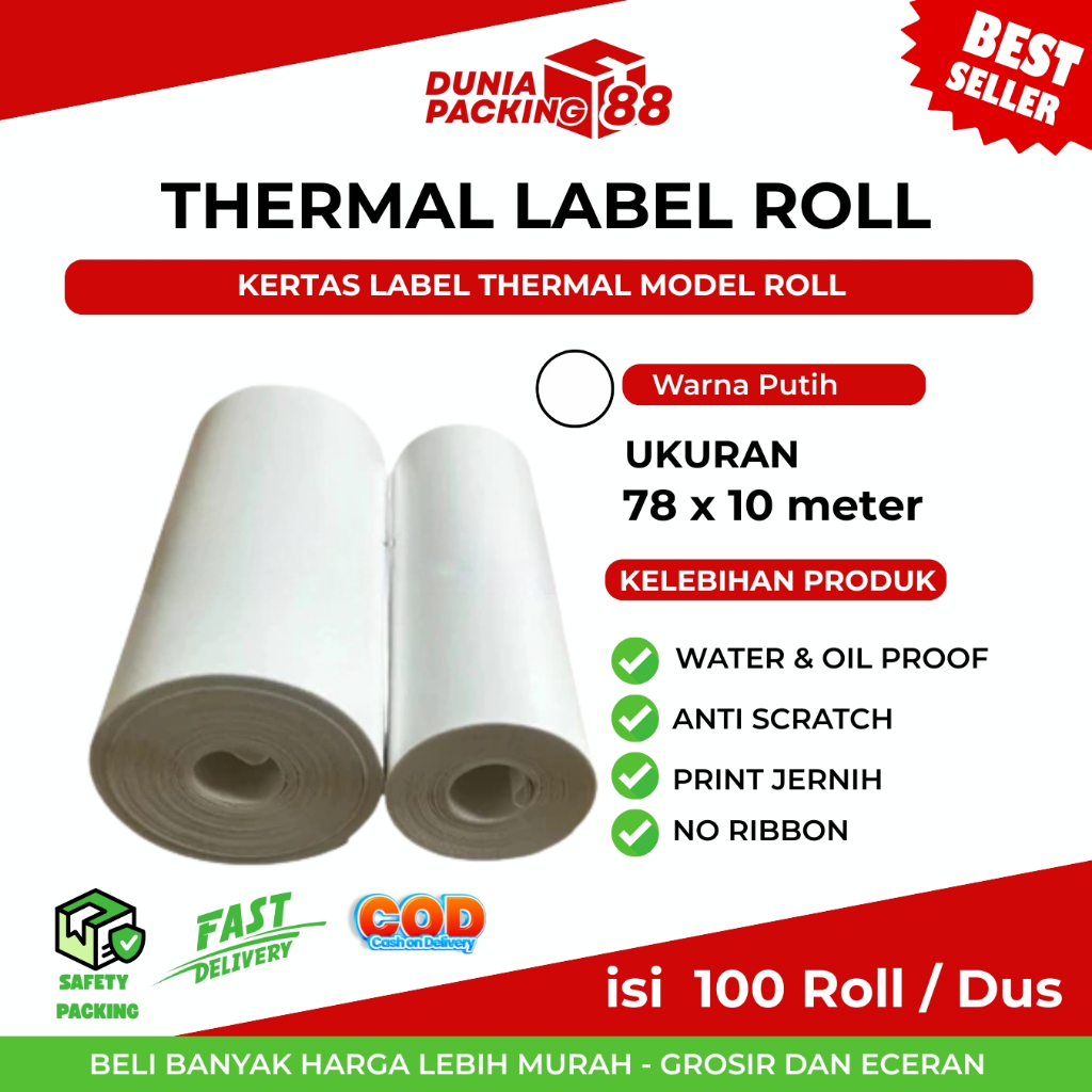 

LABEL THERMAL CONTINIOUS 78x10 Meter KERTAS STICKER BARCODE 78 mm x 10 Meter [DUNIA PACKING88]