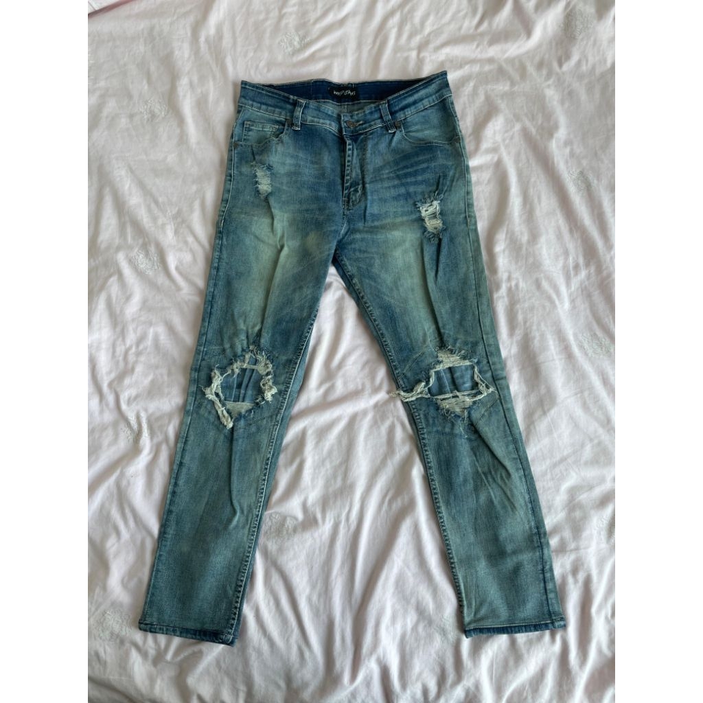 Celana Weird Jeans Blue Sky Ripped Denim Pants Panjang Pria Skinny Slimfit Preloved