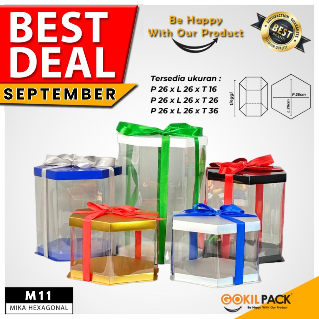 

Box Mika Hexagonal - Cake Box - Box Segi Enam Kue Mika Transparan Dus Hadiah Hantaran -Tutup Warna Uk 22x22 - M11