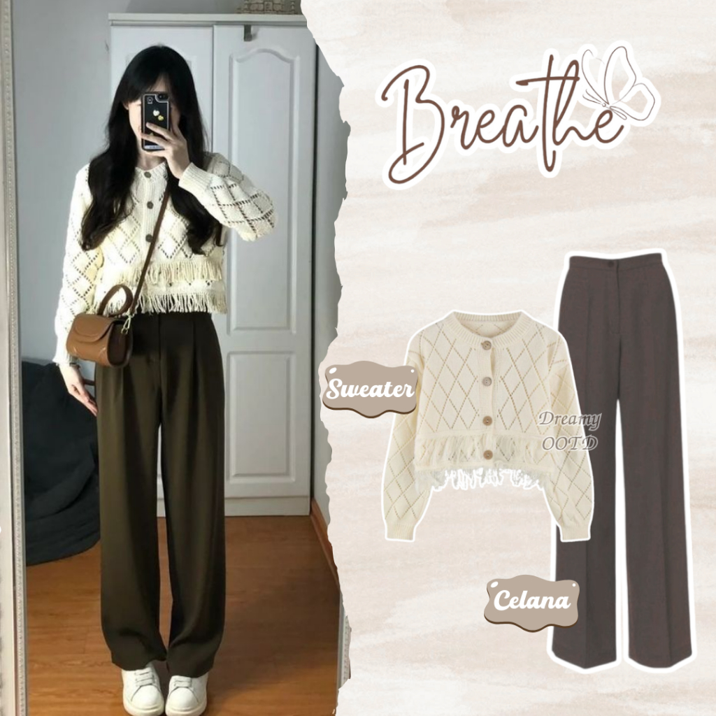 Dreamy OOTD - 2 In 1 One Set Wanita Kekinian Korean Style Outfit Chic Sweater Pants Set AD448