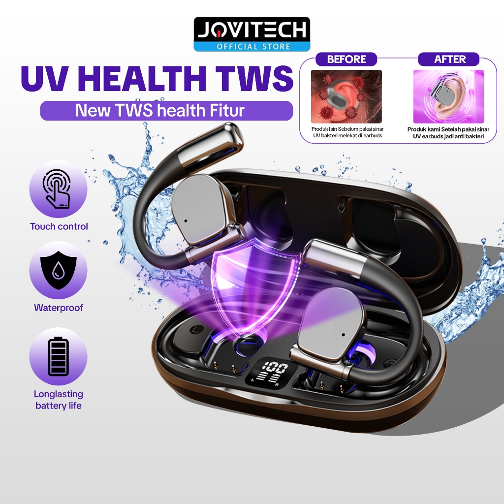 (LED UV STERIL)Jovitech OWS EP71X Open Ear Earbuds Hi-Res Wireless Audio Bluetooth V5.4 Ultra-Comfor