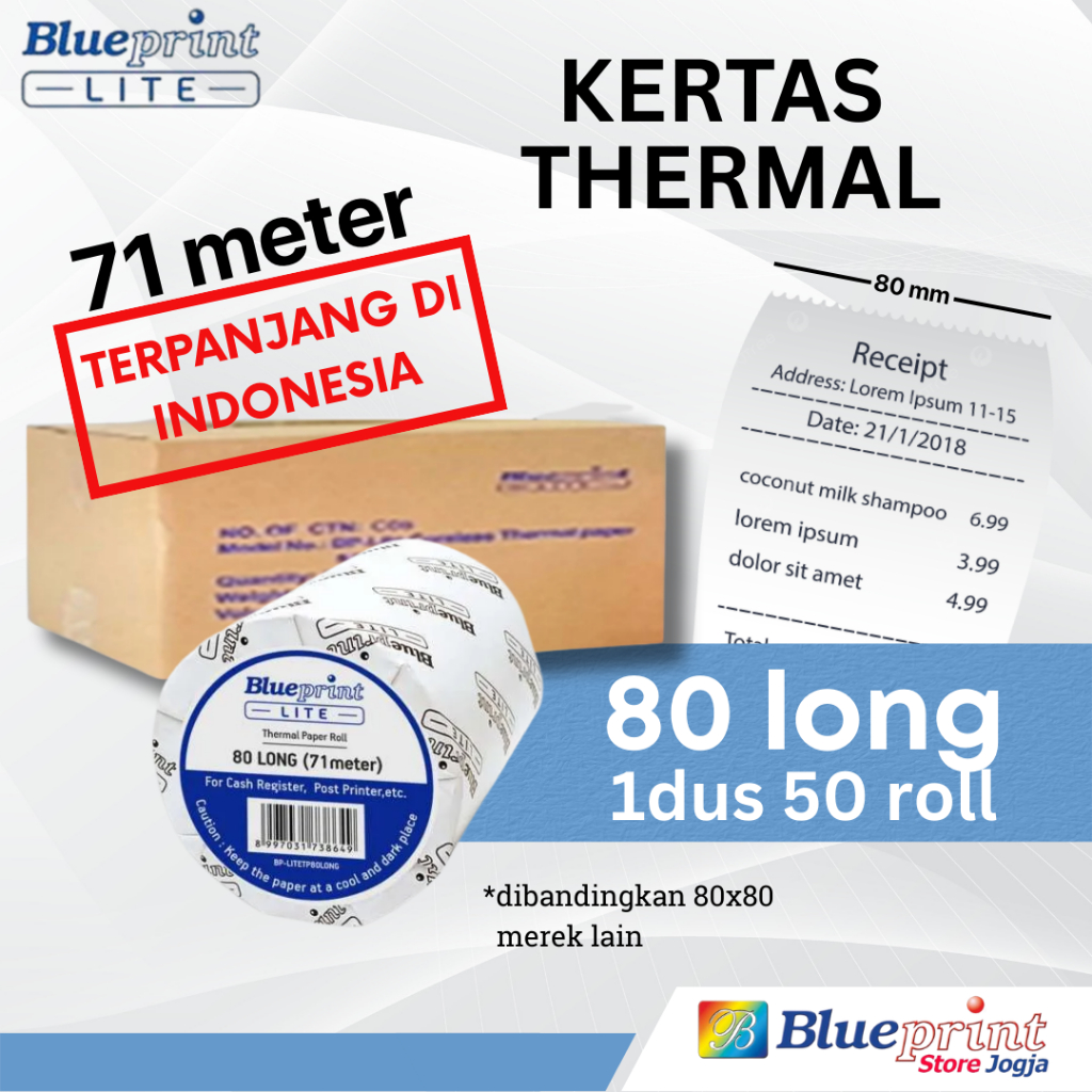 

DUS 50 ROL LITE 80LONG 80x80 71 Meter TERPANJANG 48GSM BLUEPRINT Kertas Thermal KASIR PPOB EDC Antrian Parkir Struk